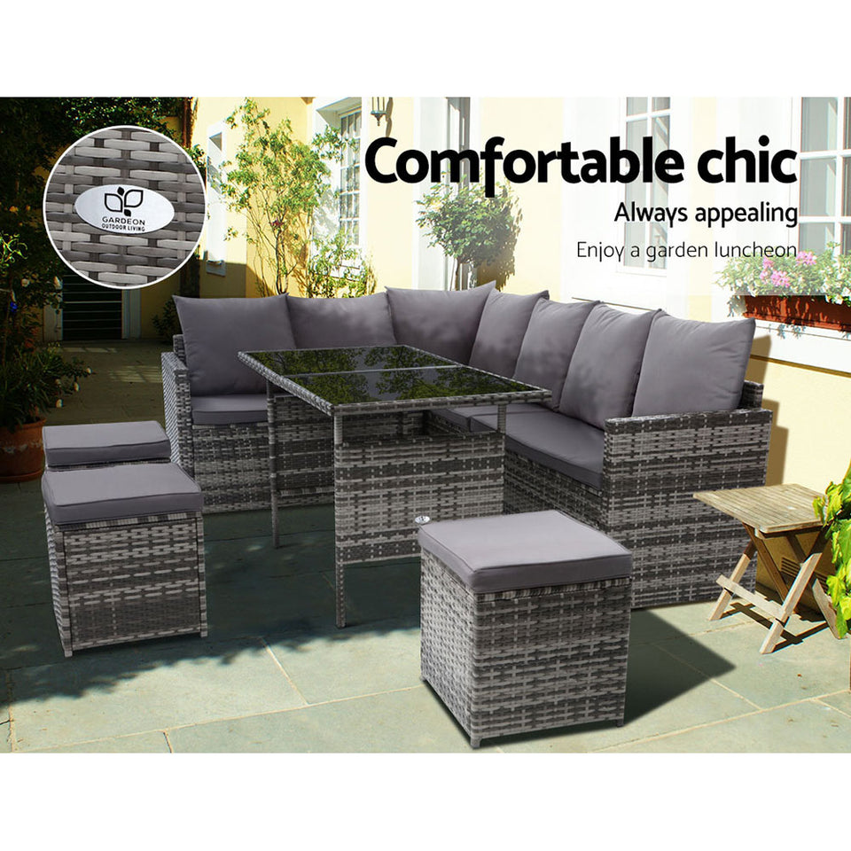 Gardeon Outdoor Furniture Dining Setting Sofa Set Lounge Wicker 9 Seater Mixed Grey - KRE Group