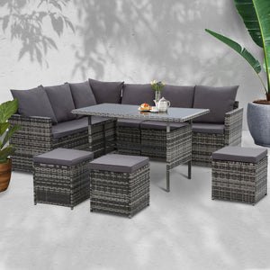 Gardeon Outdoor Furniture Dining Setting Sofa Set Lounge Wicker 9 Seater Mixed Grey - KRE Group