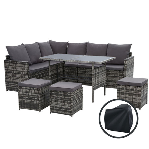 Gardeon Outdoor Furniture Dining Setting Sofa Set Wicker 9 Seater Storage Cover Mixed Grey - KRE Group