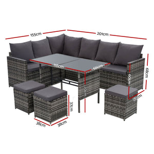 Gardeon Outdoor Furniture Dining Setting Sofa Set Wicker 9 Seater Storage Cover Mixed Grey - KRE Group