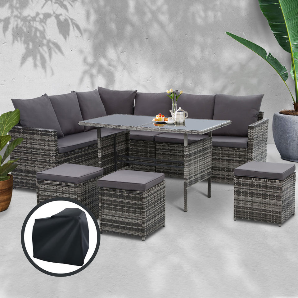 Gardeon Outdoor Furniture Dining Setting Sofa Set Wicker 9 Seater Storage Cover Mixed Grey - KRE Group