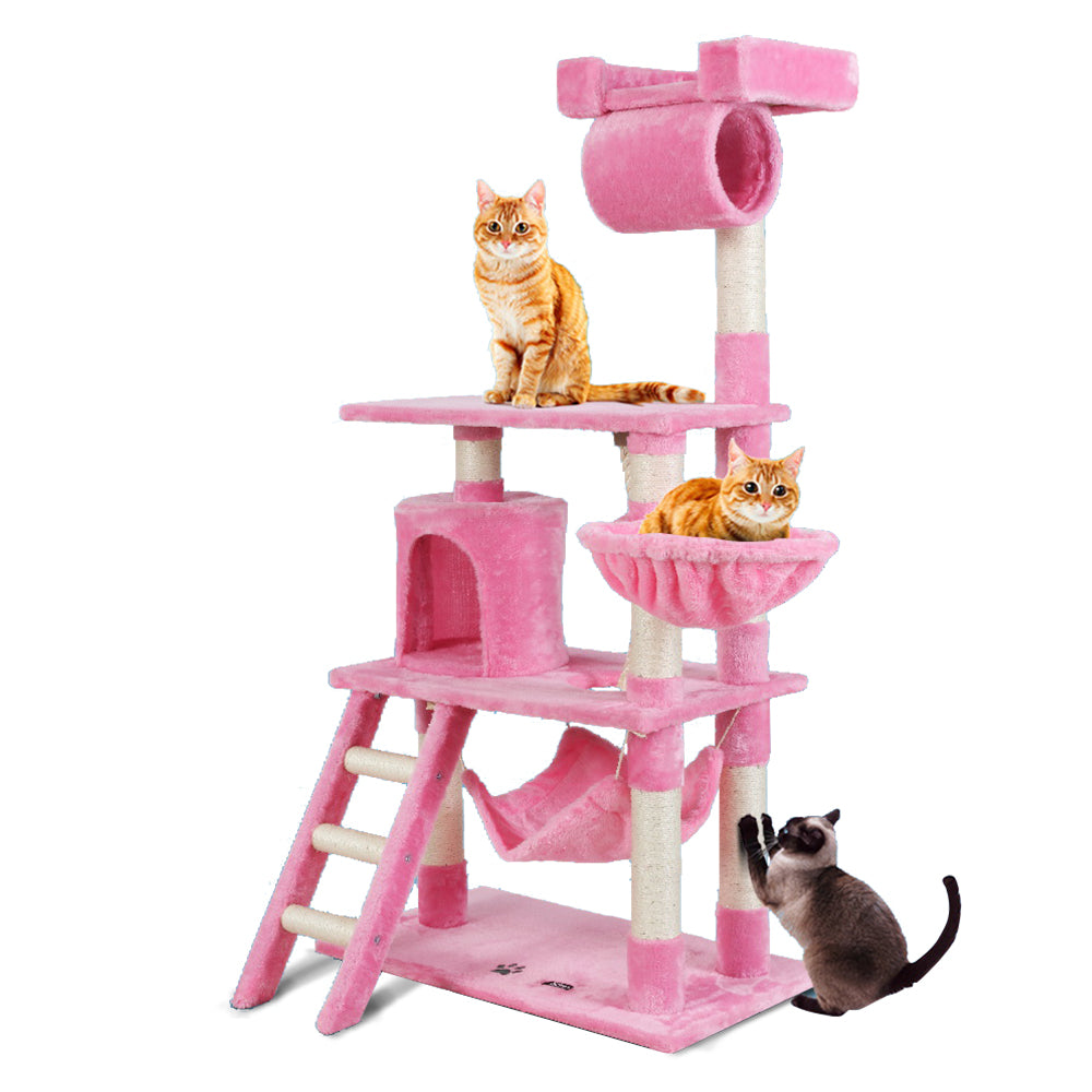 i.Pet Cat Tree 141cm Trees Scratching Post Scratcher Tower Condo House Furniture Wood Pink - KRE Group