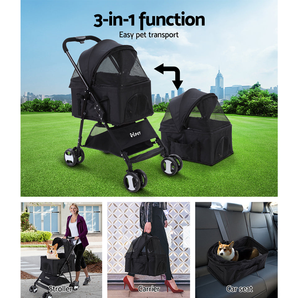 i.Pet Pet Stroller Dog Carrier Foldable Pram 3 IN 1 Middle Size Black - KRE Group