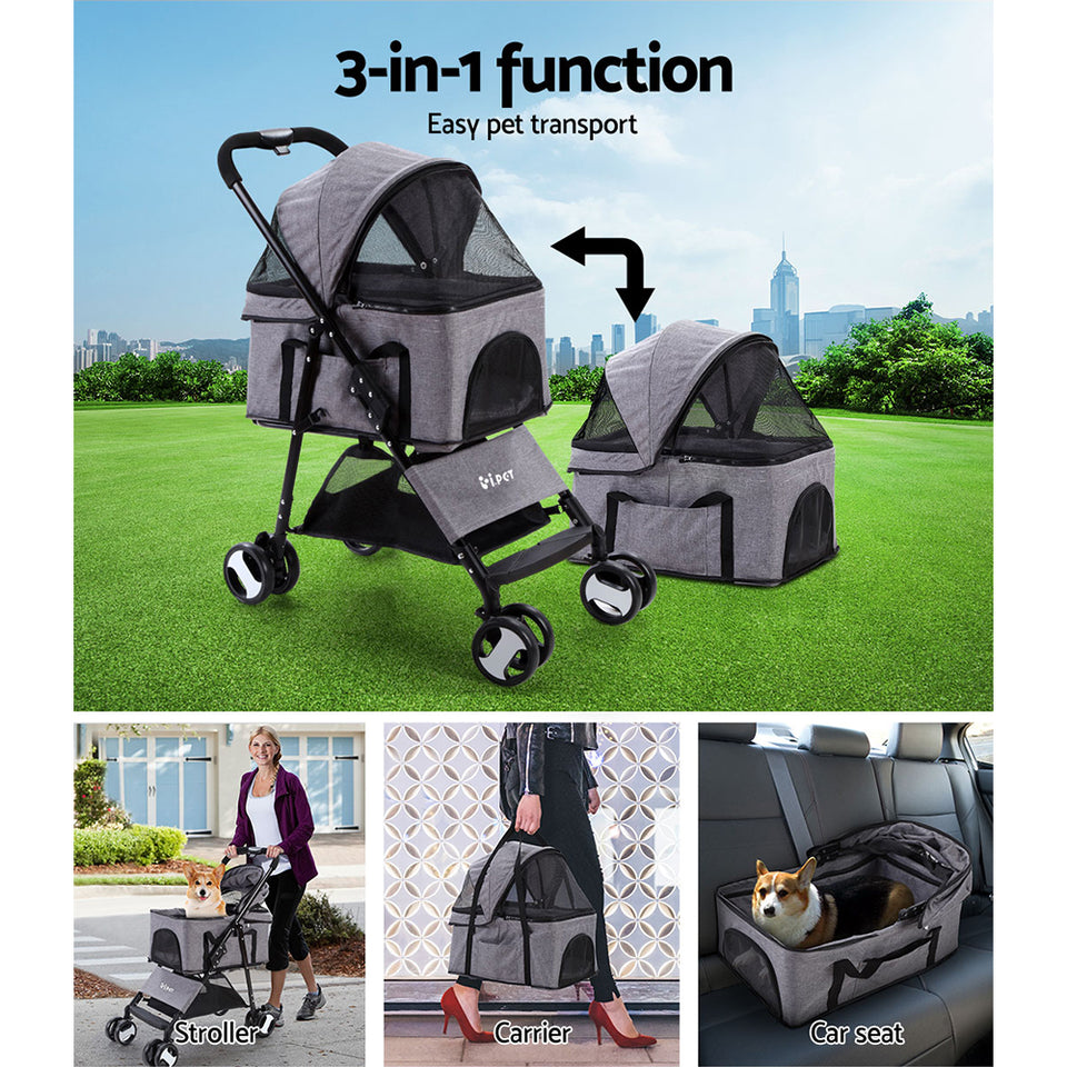 i.Pet Pet Stroller Dog Carrier Foldable Pram 3 IN 1 Middle Size Grey - KRE Group