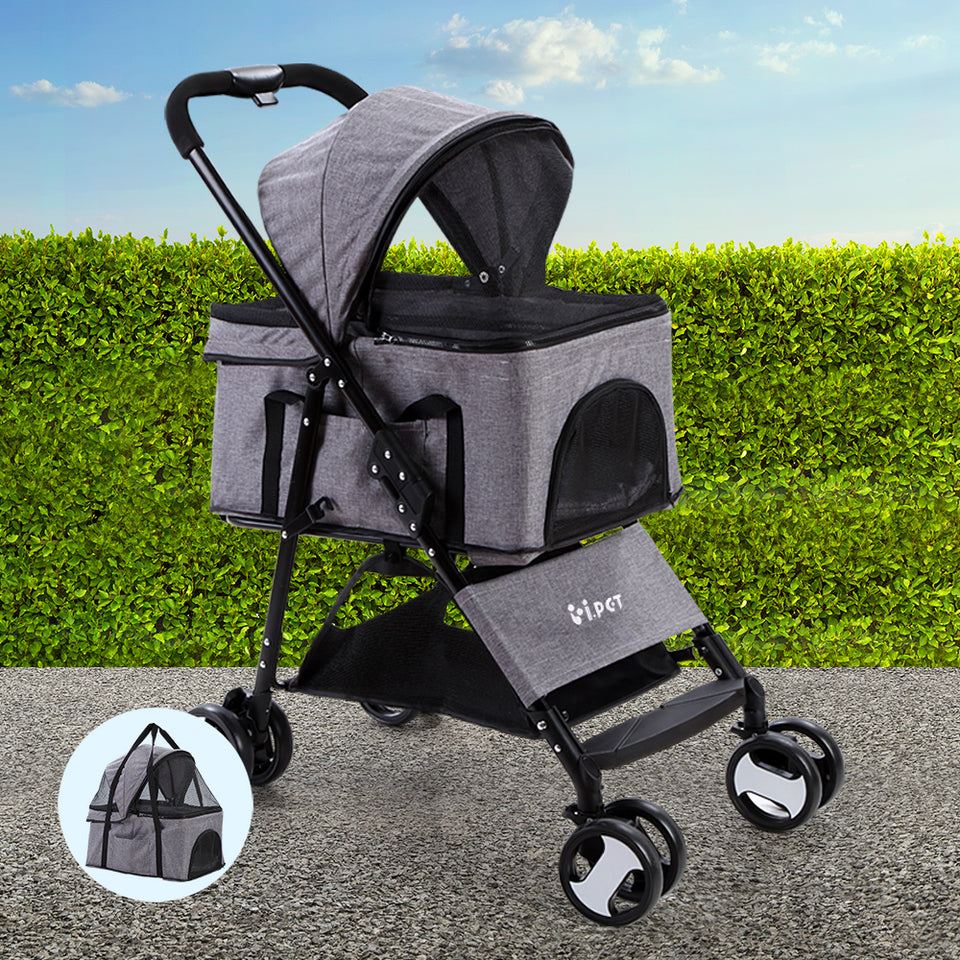 i.Pet Pet Stroller Dog Carrier Foldable Pram 3 IN 1 Middle Size Grey - KRE Group