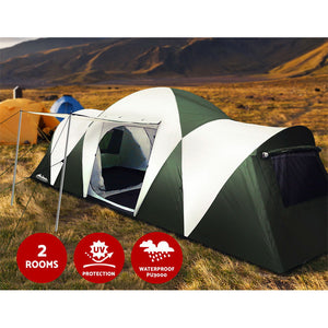 Weisshorn Family Camping Tent 12 Person Hiking Beach Tents (3 Rooms) Green - KRE Group