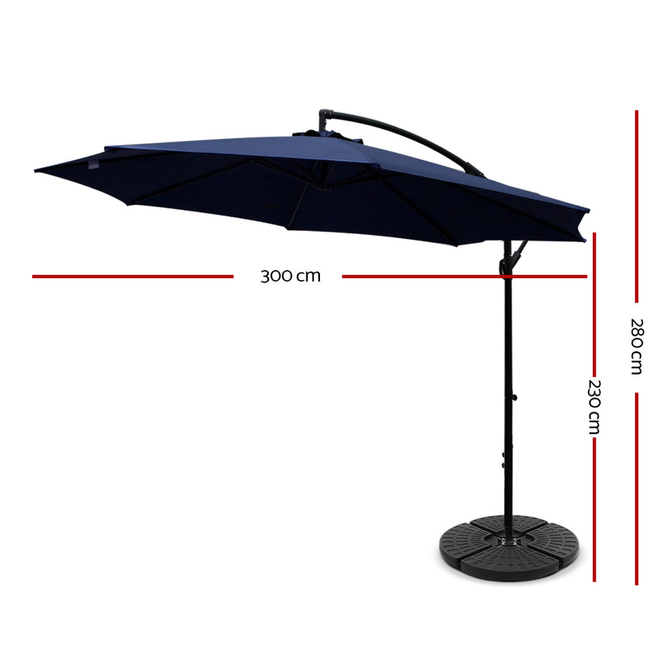 Instahut 3M Umbrella with 48x48cm Base Outdoor Umbrellas Cantilever Sun Beach Garden Patio Navy - KRE Group