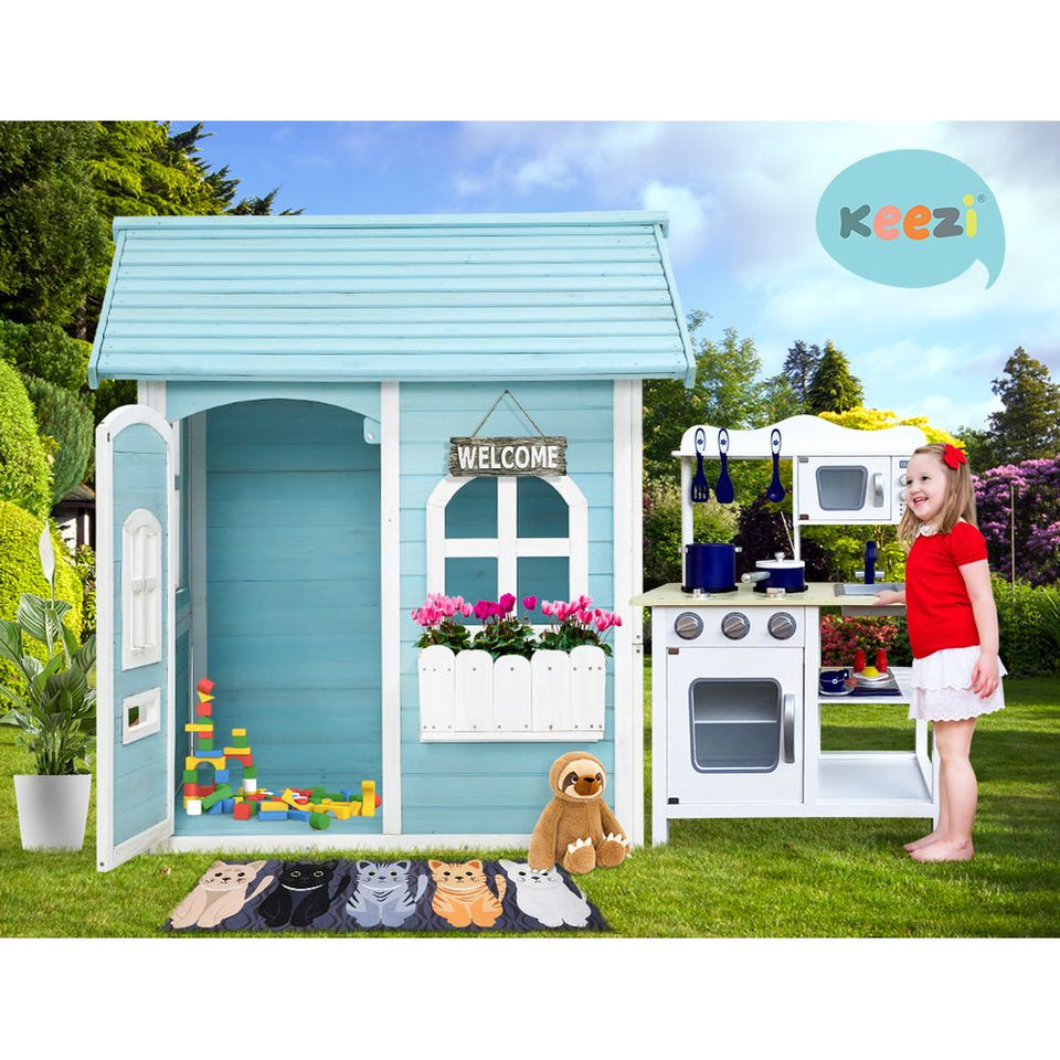 Kids Wooden Cubby House Outdoor Playhouse Pretend Play Set Childrens Toy - KRE Group