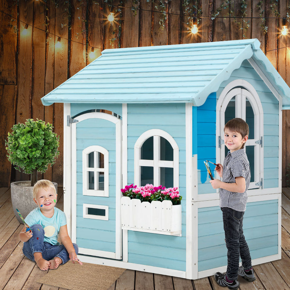 Kids Wooden Cubby House Outdoor Playhouse Pretend Play Set Childrens Toy - KRE Group