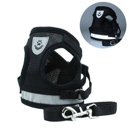 Dog Cat Harnesses Vest Reflective Safety and Leash Set XS Black - KRE Group