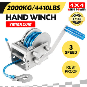 Hand Winch 2000KG/4410LBS 3 Speed Dyneema Synthetic Rope Boat Car Marine 4WD 10M - KRE Group