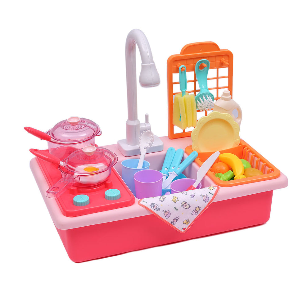 35x Kids Kitchen Play Set Dishwasher Sink Dishes Toys Cookware Pretend Play Pink - KRE Group