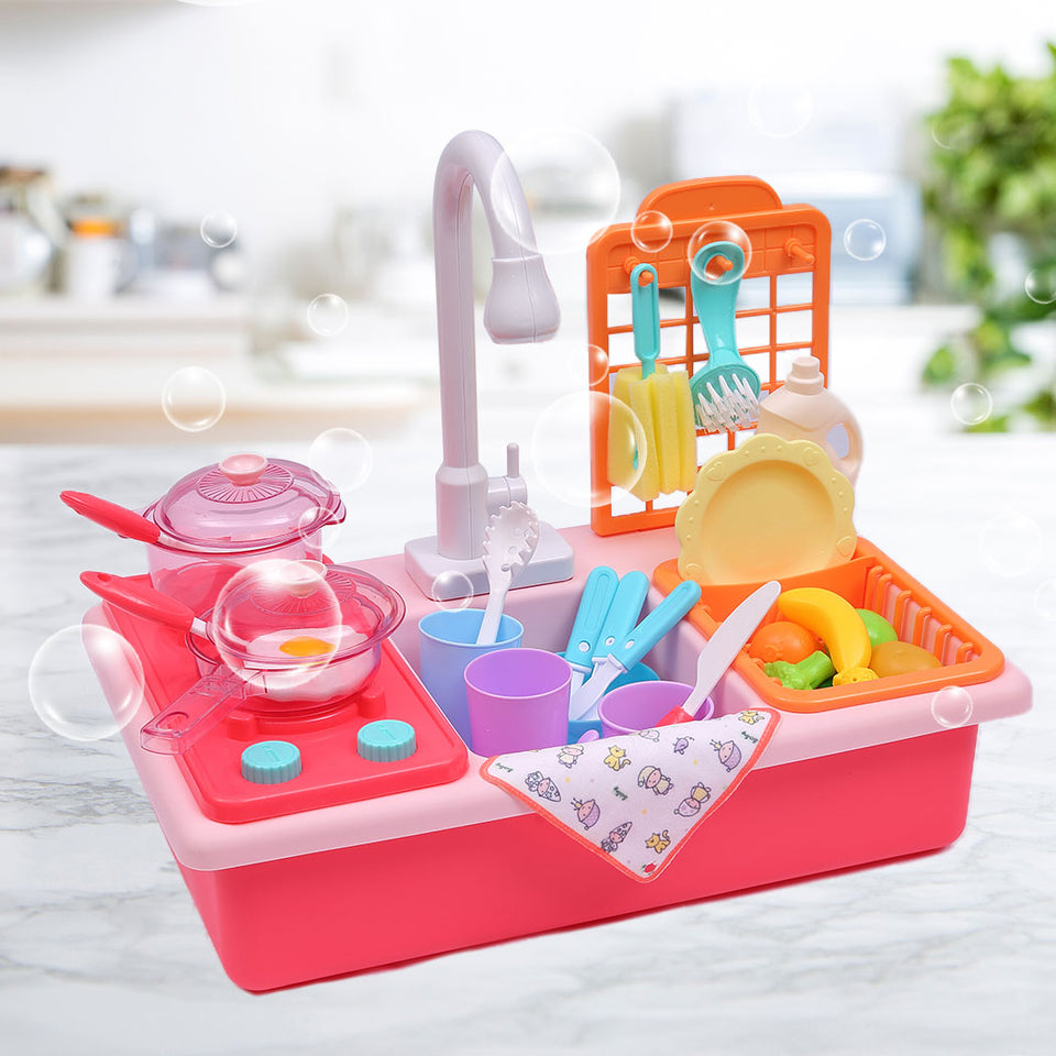 35x Kids Kitchen Play Set Dishwasher Sink Dishes Toys Cookware Pretend Play Pink - KRE Group