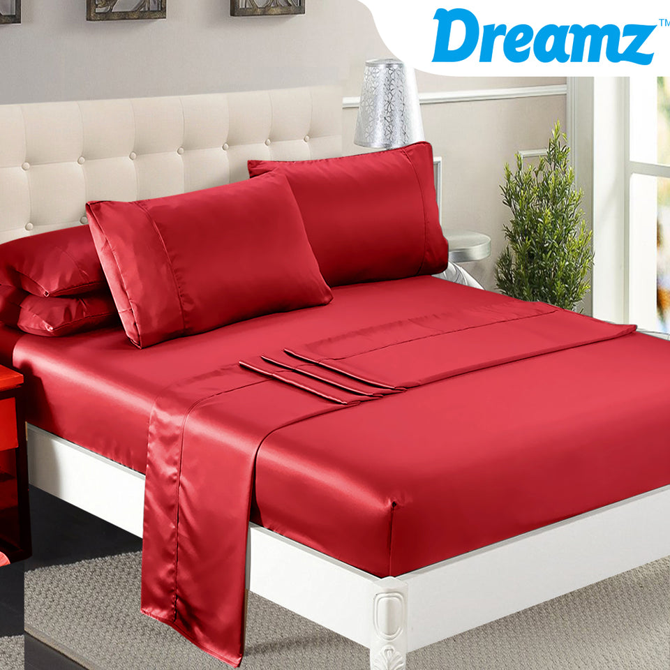 DreamZ Ultra Soft Silky Satin Bed Sheet Set in King Single Size Burgundy Colour - KRE Group