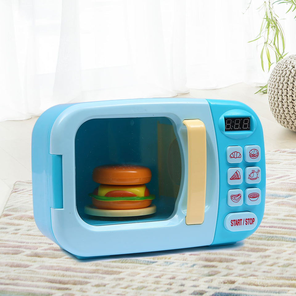 32x Kids Kitchen Play Set Electric Microwave Oven Pretend Play Toys Cooking Blue - KRE Group